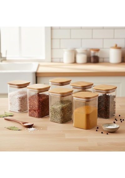6'lı Set 350 Ml Bambu Kapaklı Kare Cam Kavanoz - 6x10 Cm Vakumlu Orta Boy Şeffaf Erzak Kabı Kahve Çay Baharatlık Ve Mutfak Düzenleyici Organizer Saklama Kutusu