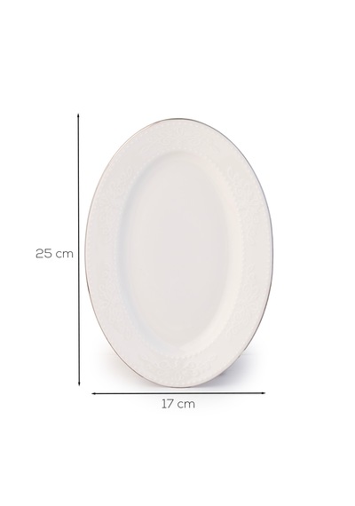 Porsima 4458 Burçak Porselen Platin Fileli Kayık Tabak Seti - Oval Kahvaltılık Sunumluk Seti 25cm Beyaz