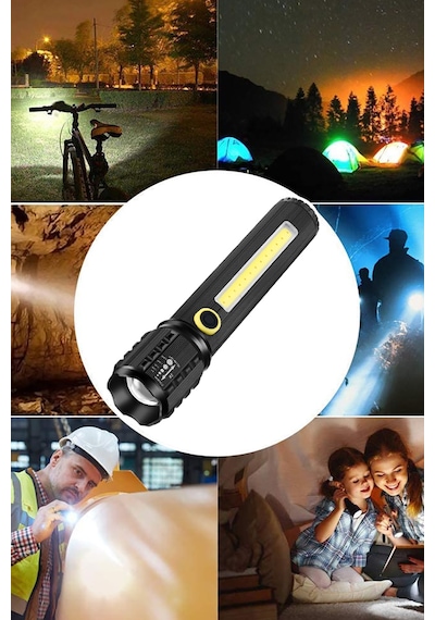 10w Çelik Kasa Zoom Özellikli Usb Şarjlı El Feneri Siyah