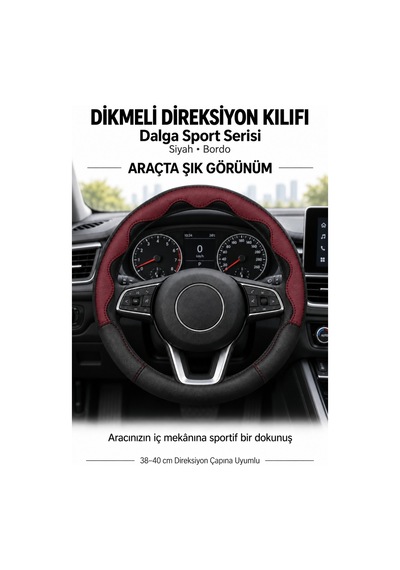 Trobus Ford Fiesta 2018-2023 Uyumlu Dikmeli Direksiyon Kılıfı Dalga Sport Deri Siyah Bordo Siyah - Bordo