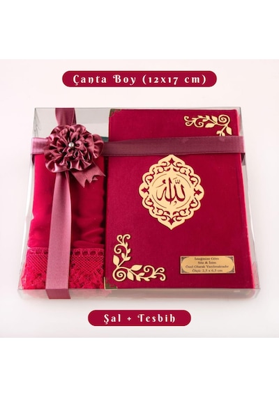 Şal + Tesbih + Kuran Hediye Seti Çanta Boy, Kadife, Şems Lafzatullah, Fuşya Pembe