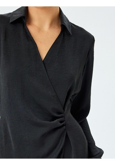 Koton Uzun Kollu Drape Detaylı Mini Boy Kruvaze Gömlek Elbise Siyah 5sak80005pw Siyah