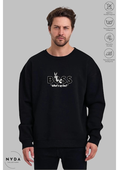 Unisex Bugs Bunny Baskılı Bisiklet Yaka Kapüşonsuz Şardonlu Oversize %100 Pamuk Penye Sweatshirt Siyah