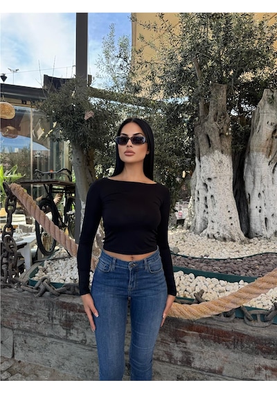 WeShaya Kadın Siyah Kayık Yaka Uzun Kollu Viskon Badi Tişört Siyah