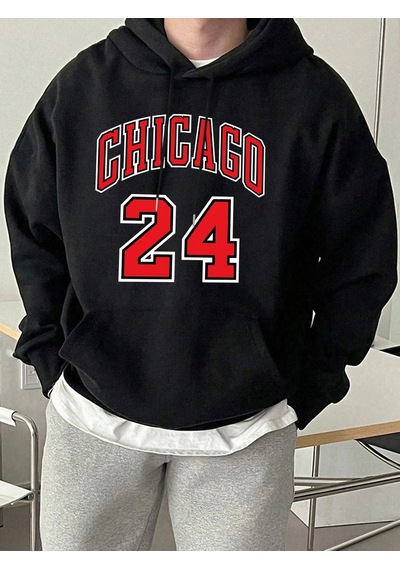 Startmore Tarzsokak Chicago Number 24 Letter Print Erkekler Rahat Moda Kapüşonlular Tüm Maç Sonbahar Tişörtü Pola Siyah