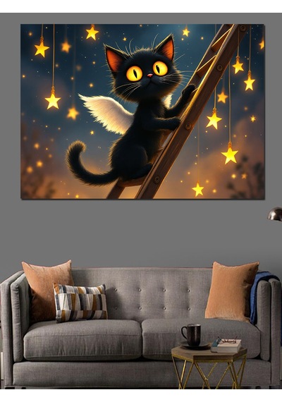 Yıldızlı Gece Kara Kedi Dekoratif Kanvas - Mdf Ahşap Tablo