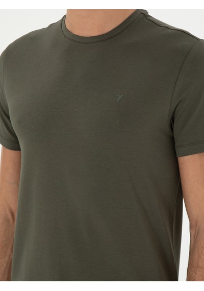 Haki Slim Fit Bisiklet Yaka Merserize Basic T-shirt Yeşil