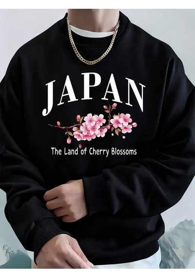 Tarzsokak Japonya Kiraz Çiçekleri Ülkesi Baskılı Erkek Kapüşonlu Üstleri Sonbahar Bol Sweatshirt Temel Siyah