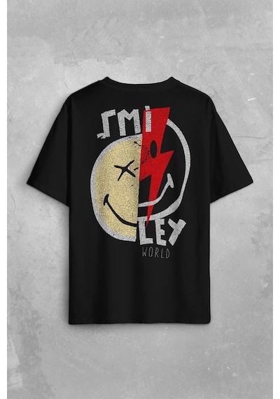 Smile World Urban Street Culture Gülen Surat Sırt Ön Baskılı Oversize Tişört Unisex T-shirt 001