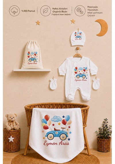 Pia Baby İsme Özel Hastane Çıkışı %100 Pamuk Erkek Bebek Organik Baskılı Tulum Set Keseli Hediyelik 2059tybk3x Krem