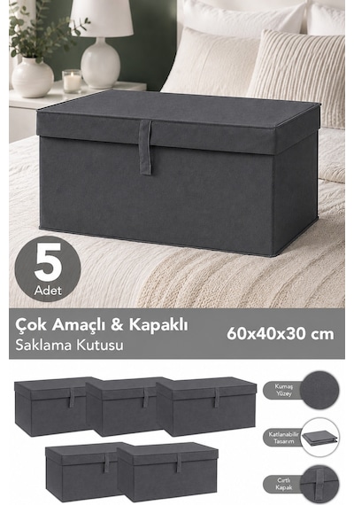 5'li Set Mega Boy Hurç - Çok Amaçlı Organizer Kapaklı Saklama Kutusu 60x40x30cm Antrasit