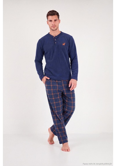 Buratti Ekoseli Düğmeli Bisiklet Yaka Yumuşak Polar Pijama Takımı Erkek Pijama Takımı 6097019 İndigo