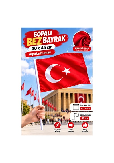 Sopalı Bez Bayrak 30x45 Cm 1 Adet Saplı Bayrak Ay Yıldız Plastik Çıtalı 30x45 Bez Bayrak Mill Bayram Kutlama 30 x 45 CM