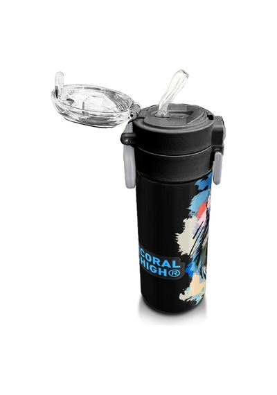 Coral High Kids Gri Siyah Kurt Desenli Pipetli Ve Direkt İçim Çelik Termos 500 Ml 31832 Gri