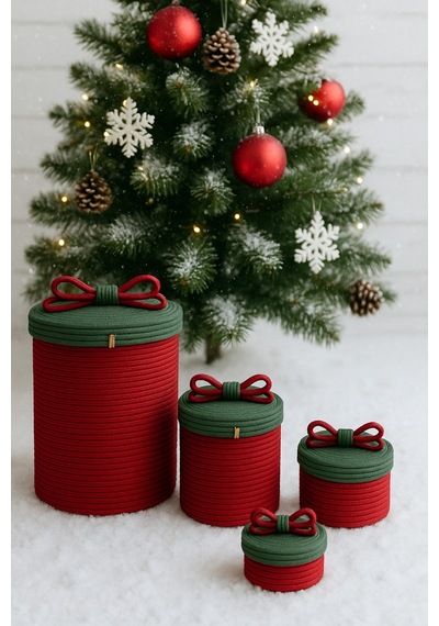 Mavaux Christmas 4 Lü Jüt Halatlı Dekoratif Hediye Sepeti Seti Kırmızı Yeşil Noel Sepeti Çok Renkli 4'lü