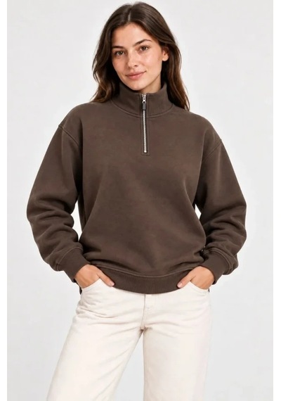 Üç İplik İçi Şardonlu Dik Yaka Yarım Fermuarlı Kışlık Sweatshirt - Kahverengi