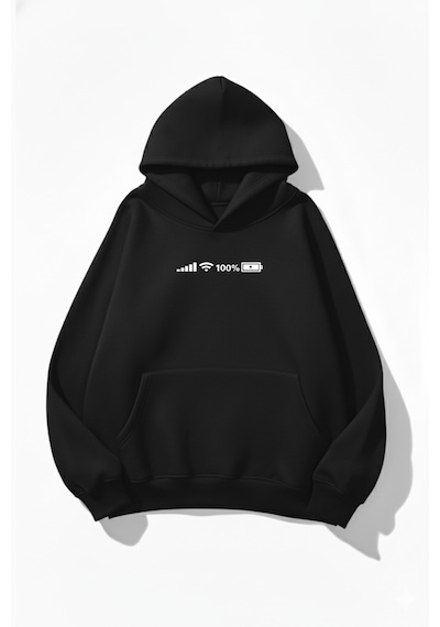 Uyguntarz Unisex Yumuşak Dokulu Phone's Icons Baskılı Tasarım Oversize 3 İplik Hoodie Sweatshirt siyah
