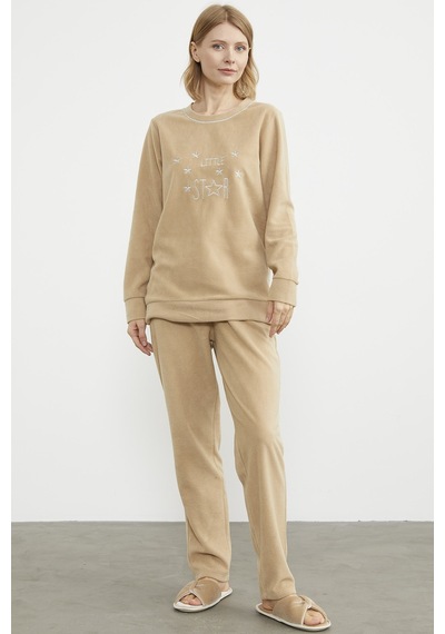 Sementa Nakış Detaylı Polar Pijama Takım - Kamel 001