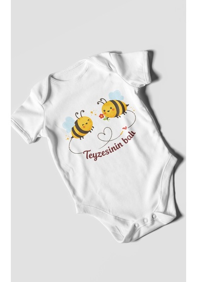 Morivokids Teyzesinin Balı Kısa Kollu Bebek Body %100 Pamuk Beyaz