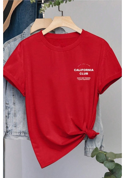 Unisex Lacivert Yaka Kol Detaylı California Club Baskılı Oversize T-shirt Kırmızı