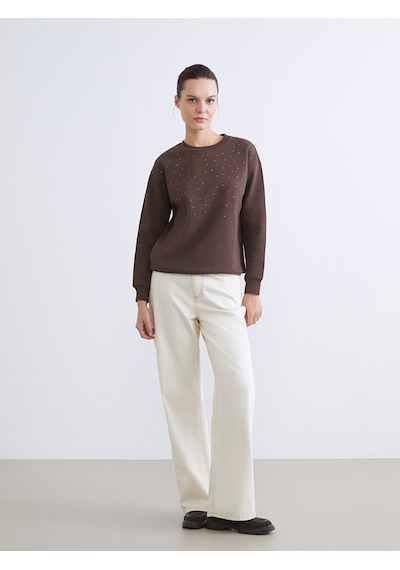 Lcw Everyday Kahverengi Taşlı Oversize Kadın Kalın Sweatshirt