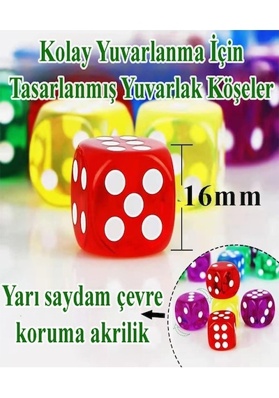 Okey Zarı 2 Adet Renkli Oyun Zarı Plastik Akrilik 16 Mm Şeffaf Zar Masa Oyunları Zarı Eğlence