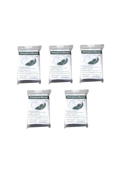5 Paket Acil Durum Battaniyesi 210 X 140 Cm Isı Yansıtıcı Hayatta Kalma Battaniyesi, Gümüş, Oda