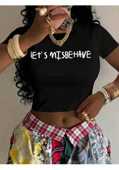 Startmore Kadın Let's Misbehave Baskılı Baby Tee Crop Siyah