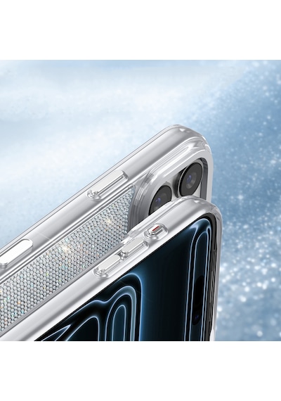 İphone 18 Pro Kılıf M-safe Özellikli El İşlemeli Swarovski Taşlı Zore Paris Riva Sert Pc Kapak Gümüş