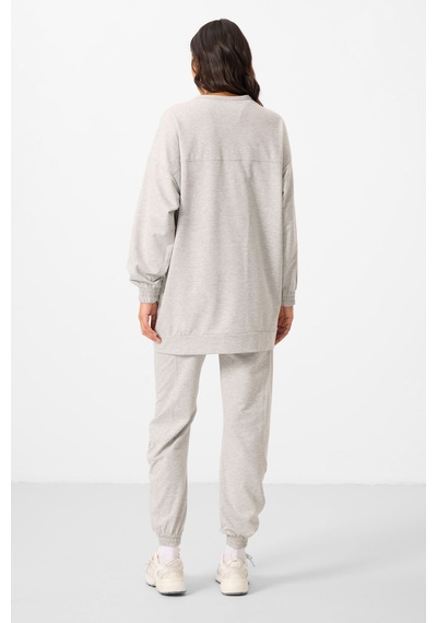 Gri Melanj O Yaka Basic Oversize Kadın Eşofman Tunik Takım - 95347 Gri Melanj