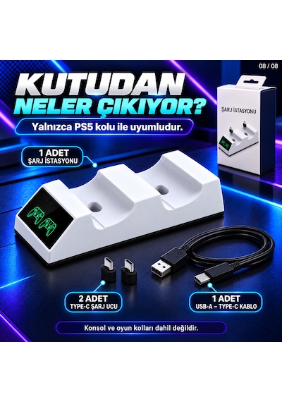 Dexxony Tp5-0508b Ps5 Uyumlu Çift Oyun Kolu Şarj İstasyonu Led Göstergeli Type-c Beyaz