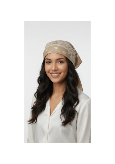 Mollycrush Unisex Bej Şal Desenli Bandana Günlük Saç Aksesuarı, Boyunluk Ve Outdoor Fular Bej