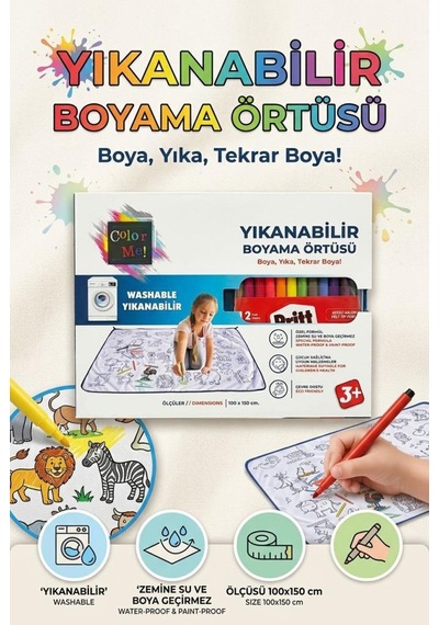 Boya Beni Yıkanabilir 100x150 Cm 12 Farklı Renkli Keçeli Kalemli Eğitici Oyuncak Boyama Halısı