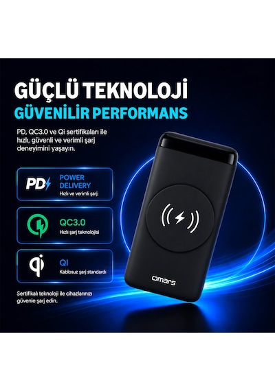 Omars OMWS008 20 W 10000 mAh Kablosuz Led Göstergeli Powerbank Siyah