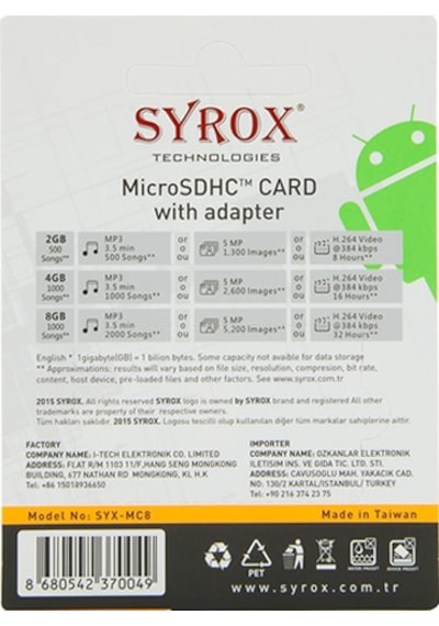 Syrox 8 GB MicroSDHC Hafıza Kartı + Adaptör Syrox 8 GB MicroSDHC Hafıza Kartı + Adaptör