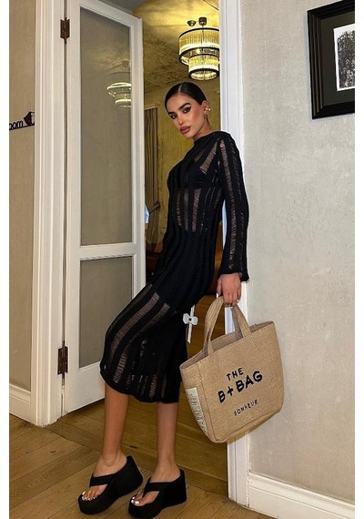 WeShaya Kadın Siyah Pamuk Oversize Kroşe Midi Elbise Siyah WeShaya Kadın Siyah Pamuk Oversize Kroşe Midi Elbise Siyah