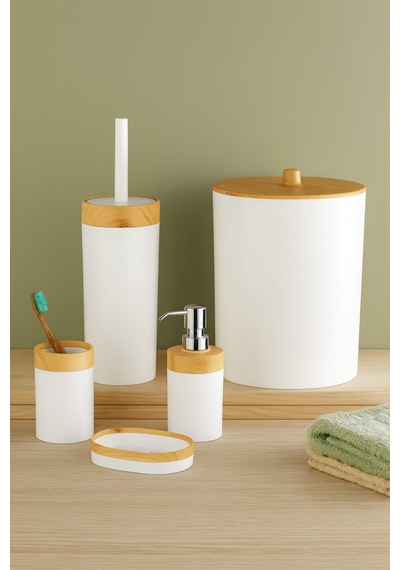 Limpia Bambu Desenli 5'li Banyo Seti Çöp Kovası, Sıvı Sabunluk, Diş Fırçalık Renkli