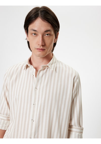 Koton Slim Fit Gömlek Uzun Kollu Düğmeli Yaka Detaylı Pamuk Karışımlı Bej Çizgili 5wam60005hw Ekru Koton Slim Fit Gömlek Uzun Kollu Düğmeli Yaka Detaylı Pamuk Karışımlı Bej Çizgili 5wam60005hw Ekru