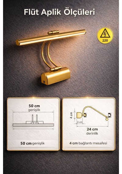 Merwish Flüt Led Aplik 50 Cm Duvar Aydınlatma 6500k Beyaz Işık Kablo Bağlantılı 220v Modern Tasarım Gold