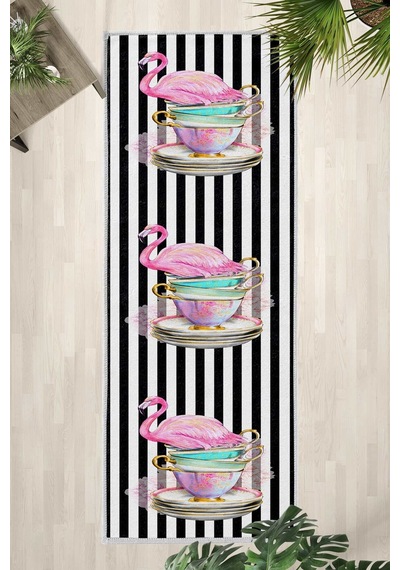 Fincanlı Flamingo Yıkanabilir Yolluk Siyah