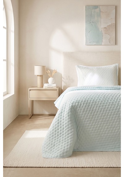 Ocean Home Textile Pamuklu Kapitoneli Açık Mavi Renk Çizgi Desen Tek Kişilik Yatak Örtüsü Seti 1 Adet 180 X 230 / 1 Adet 50 X 70 Cm