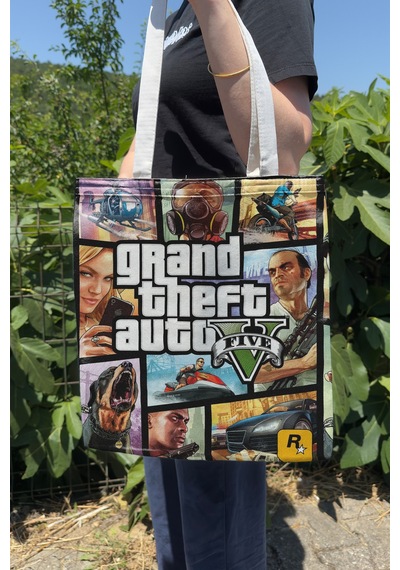 Zipzap Gta 5 V2 Çift Taraflı Kanvas Baskı Bez Çanta Bilgisayar Oyun Video Oyunu