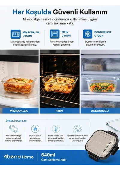 Home 640 Ml Cam Saklama Kabı, Kilitli Kapaklı, Fırın Ve Mikrodalga Uyumlu, Buzdolabı Ve Dondurucuya Uygun, Gıda Te Genel