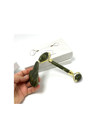 Yıldız Doğal Taş Sertifikalı Yeşim Roller + Gua Sha Doğal Taş Masaj Aleti