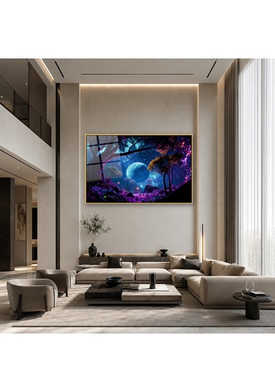 Neon Işıklı Fantastik Orman Gold Çerçeveli Cam Tablo