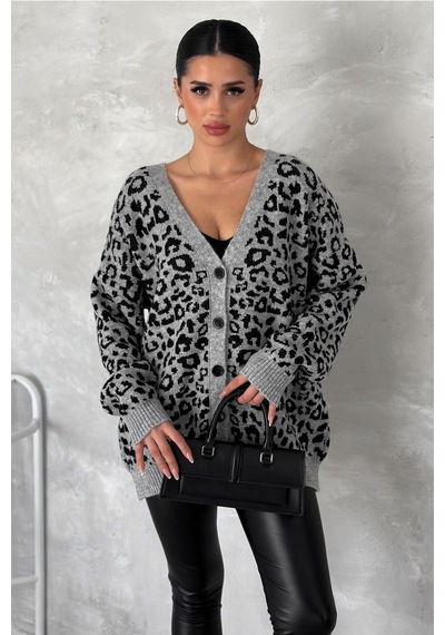 Femelle Kadın Gri Leopar Desen Oversize Triko Hırka