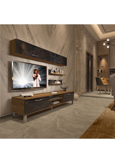 Decoraktiv Eko 5 Mdf Dvd Krom Ayaklı Tv Ünitesi Tv Sehpası Pera - Siyah Mermer