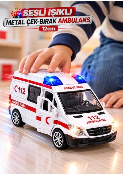 Oyuncak Metal Işıklı Sesli Çek Bırak Özellikli Ön Ve Arka Kapılar Açılır Ambulans-polis-itfaiye-askeri Jandarma Minibüsü 12 Cm Beyaz