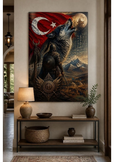 Türk Motifi Kurt Ve Bozkurt Temalı Baskılı Cam Tablo Uv Baskı Dekoratif Duvar Tablosu