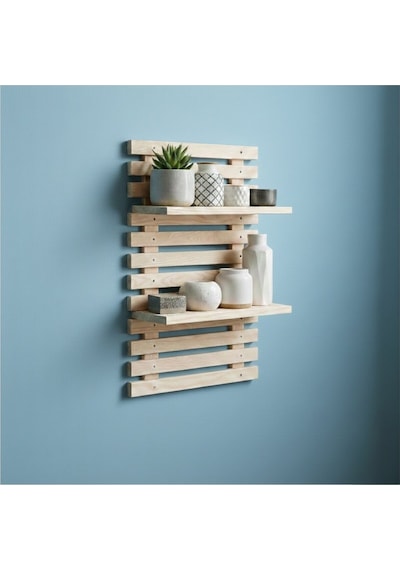 Woodify Yapışkanlı Doğal Ahşap Duvar Rafı - 50x30 Cm Matkapsız Montaj Dekoratif Mutfak Banyo Rafı Bej